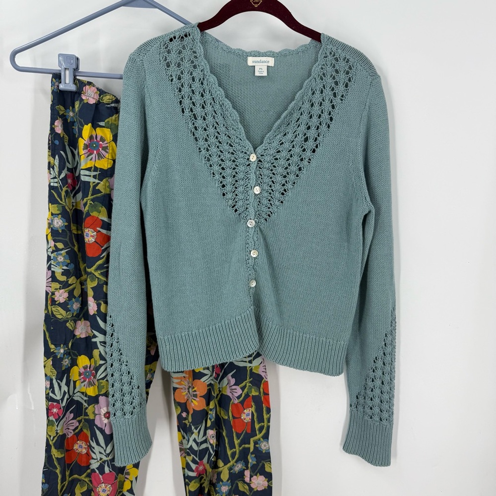Sundance pale teal Blue button front with Lace Detailing cardigan sweater PS